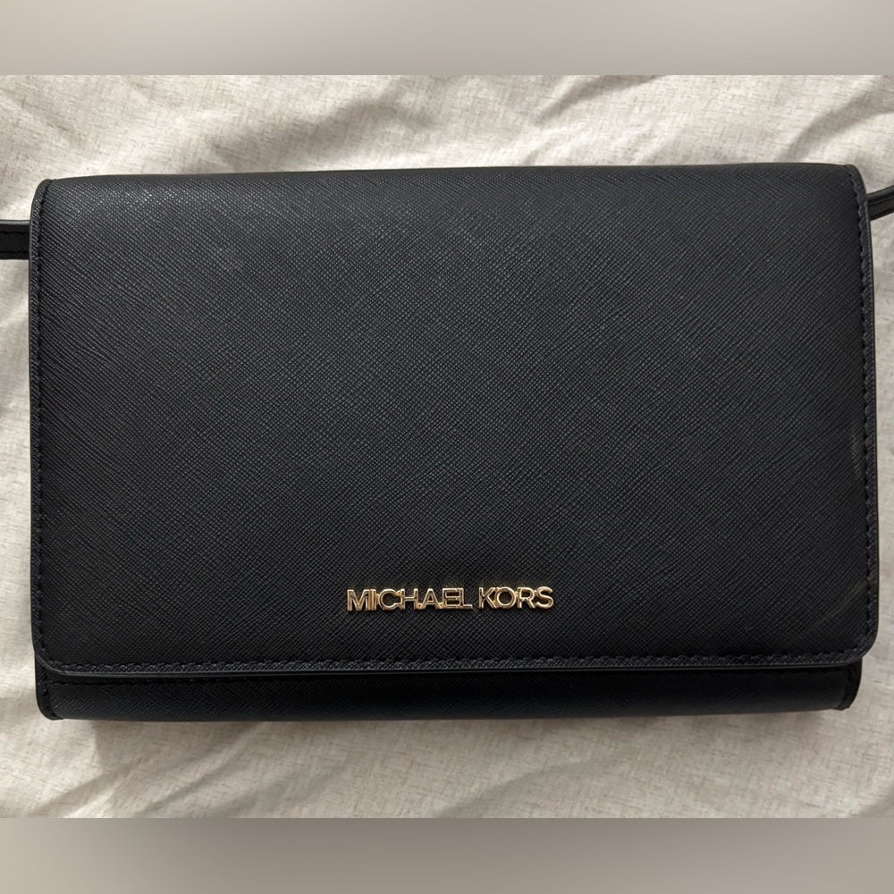 Michael Kors Black Saffiano Crossbody Wallet with Gold Logo